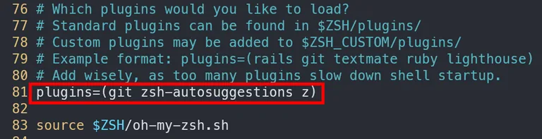 zshrc 파일의 plugins 목록에 zsh-autosuggestions를 추가한 예시